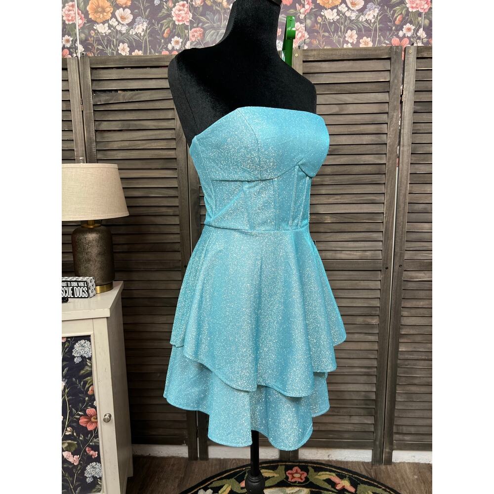 B Darlin Juniors 9/10 Turquoise Sparkle Strapless Homecoming Mini Dress NWT - Picture 5 of 11